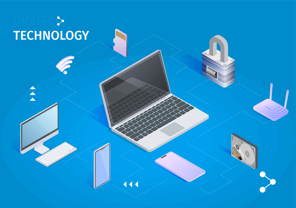 數字技術水平橫幅云計算和存儲抽象的設計理念筆記本電腦云和中央處理器托管和數據處理3D等距矢量圖數字技術橫幅云計算存儲